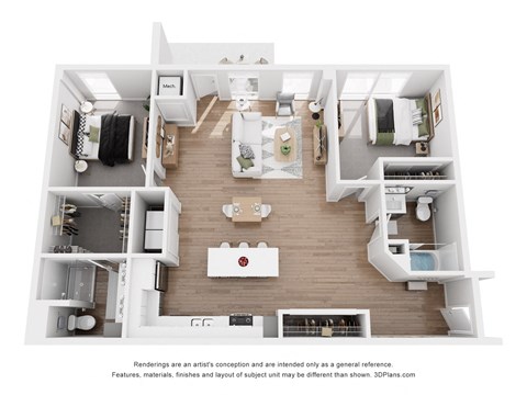 Floor plan for 2 beds, 2 baths, 1272 sqft